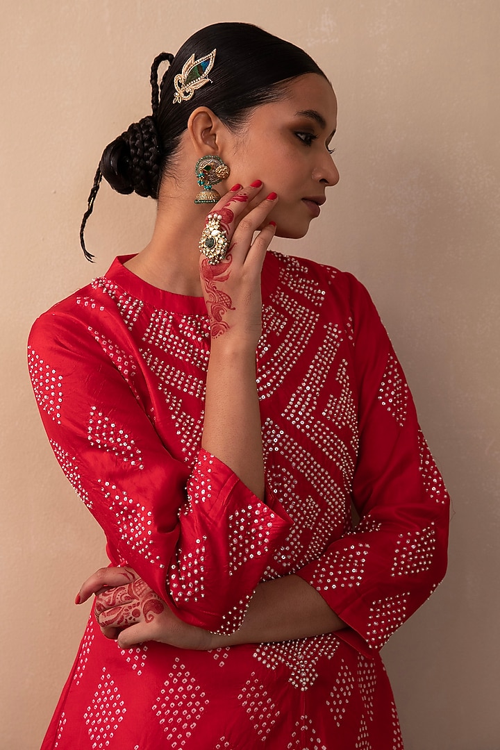 Red Silk Bandhani Kurta Set by Pink City By Sarika at Pernia's Pop Up Shop