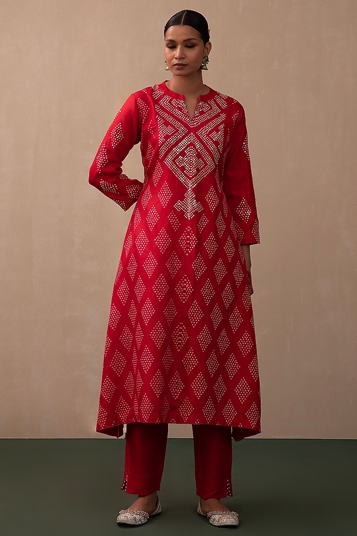 Red Silk Bandhani Kurta Set by Pink City By Sarika at Pernia's Pop Up Shop