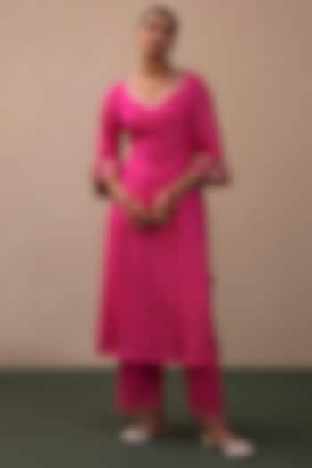 Hot Pink Silk Embroidered Kurta Set by Pink City By Sarika at Pernia's Pop Up Shop