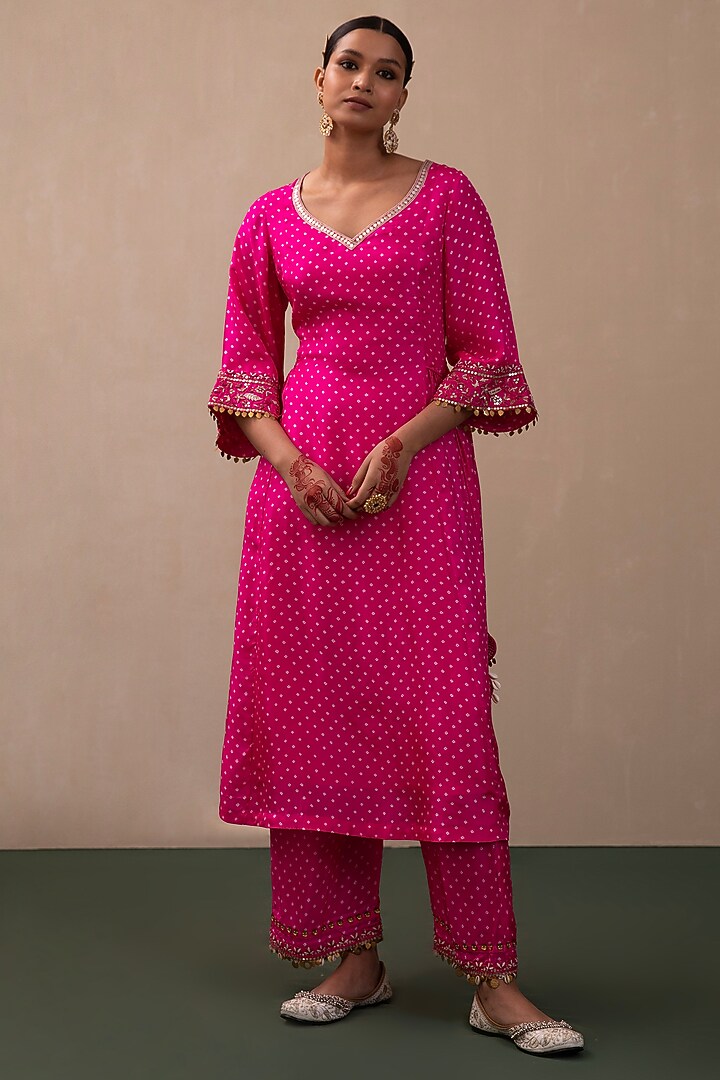 Hot Pink Silk Embroidered Kurta Set by Pink City By Sarika at Pernia's Pop Up Shop
