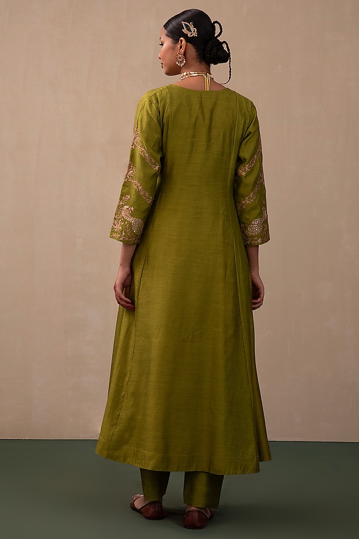 Lime Green Silk Chanderi Embroidered Angrakha Kurta Set by Pink City By Sarika at Pernia's Pop Up Shop