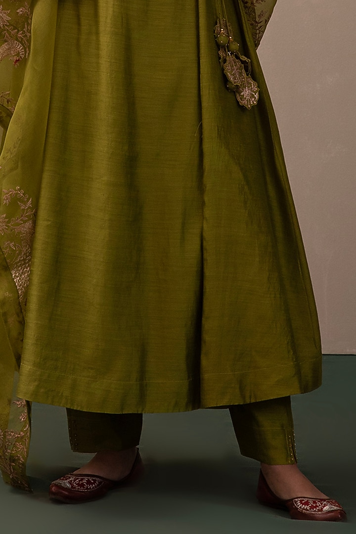 Lime Green Silk Chanderi Embroidered Angrakha Kurta Set by Pink City By Sarika at Pernia's Pop Up Shop
