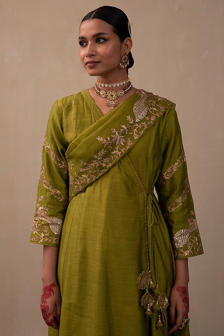 Lime Green Silk Chanderi Embroidered Angrakha Kurta Set by Pink City By Sarika at Pernia's Pop Up Shop