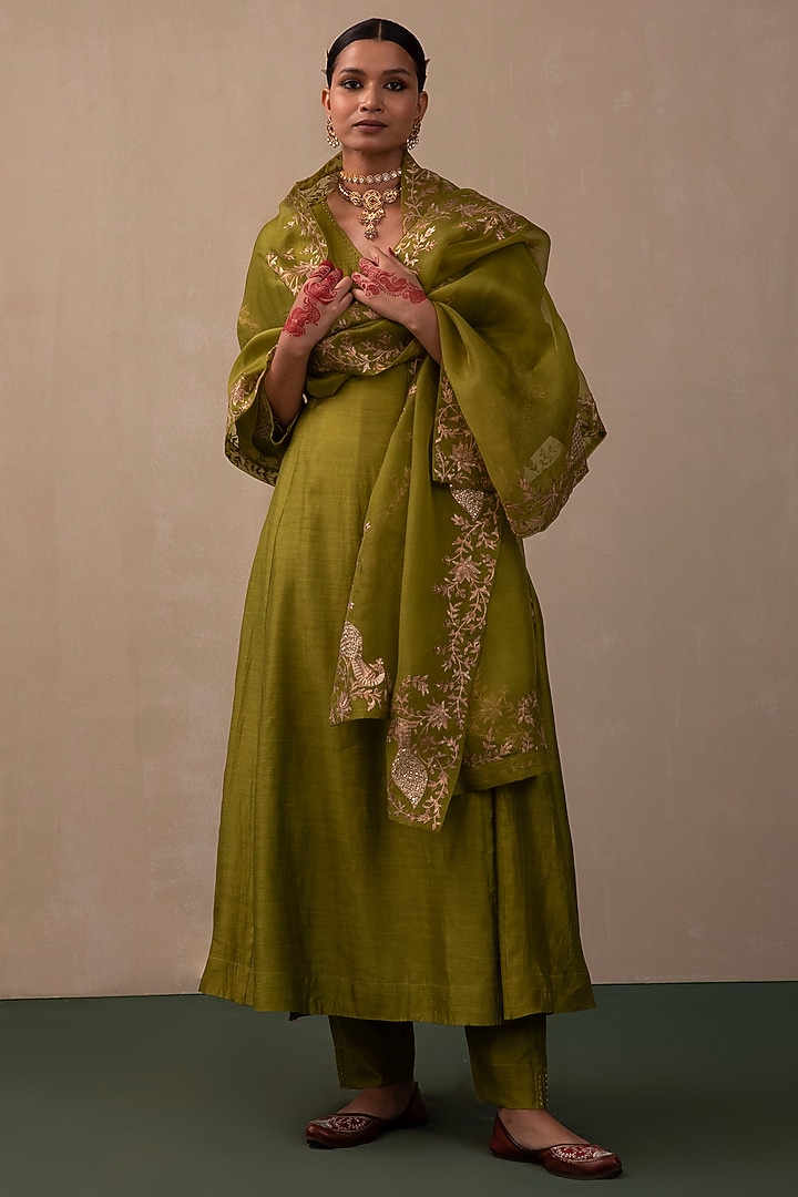 Lime Green Silk Chanderi Embroidered Angrakha Kurta Set by Pink City By Sarika at Pernia's Pop Up Shop