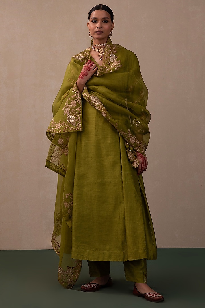 Lime Green Silk Chanderi Embroidered Angrakha Kurta Set by Pink City By Sarika at Pernia's Pop Up Shop