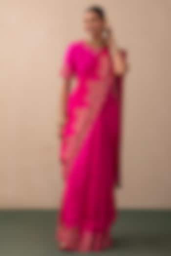 Hot Pink Silk Chanderi Embroidered Saree Set by Pink City By Sarika at Pernia's Pop Up Shop