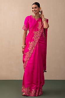 Hot Pink Silk Chanderi Embroidered Saree Set by Pink City By Sarika-GANESH CHATURTHI