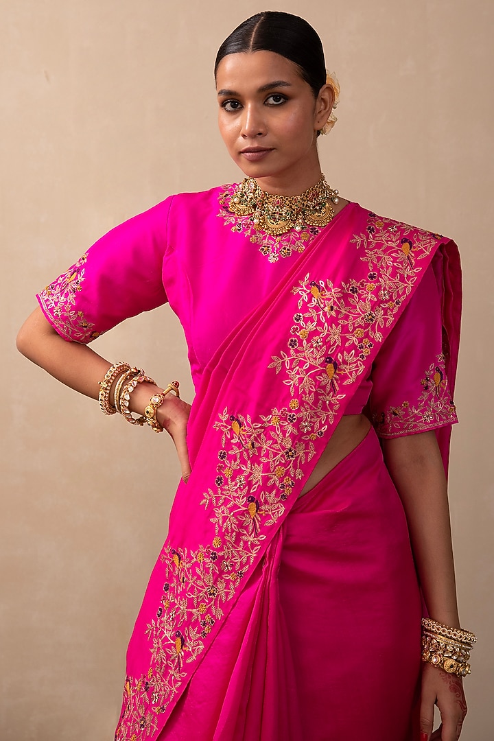 Hot Pink Silk Chanderi Embroidered Wedding Saree Set by Pink City By Sarika at Pernia's Pop Up Shop