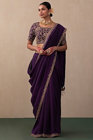 Purple Georgette & Silk Draped Saree Set Design by Miku Kumar at Pernia's  Pop Up Shop 2024