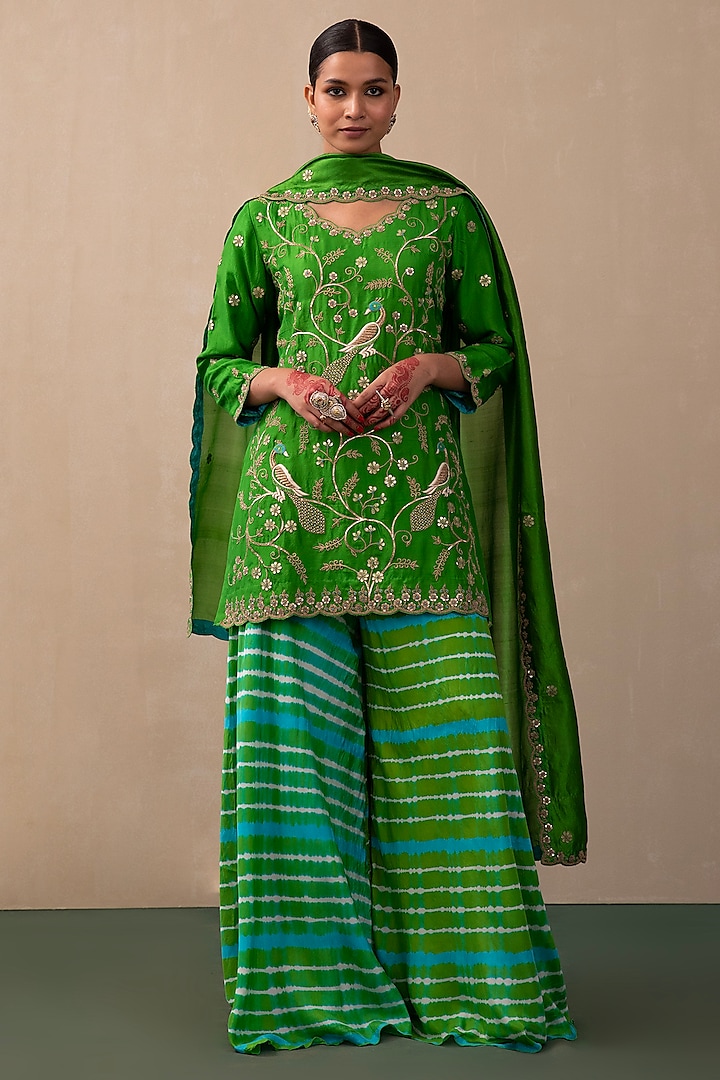 Green Silk Sharara Set by Pink City By Sarika
