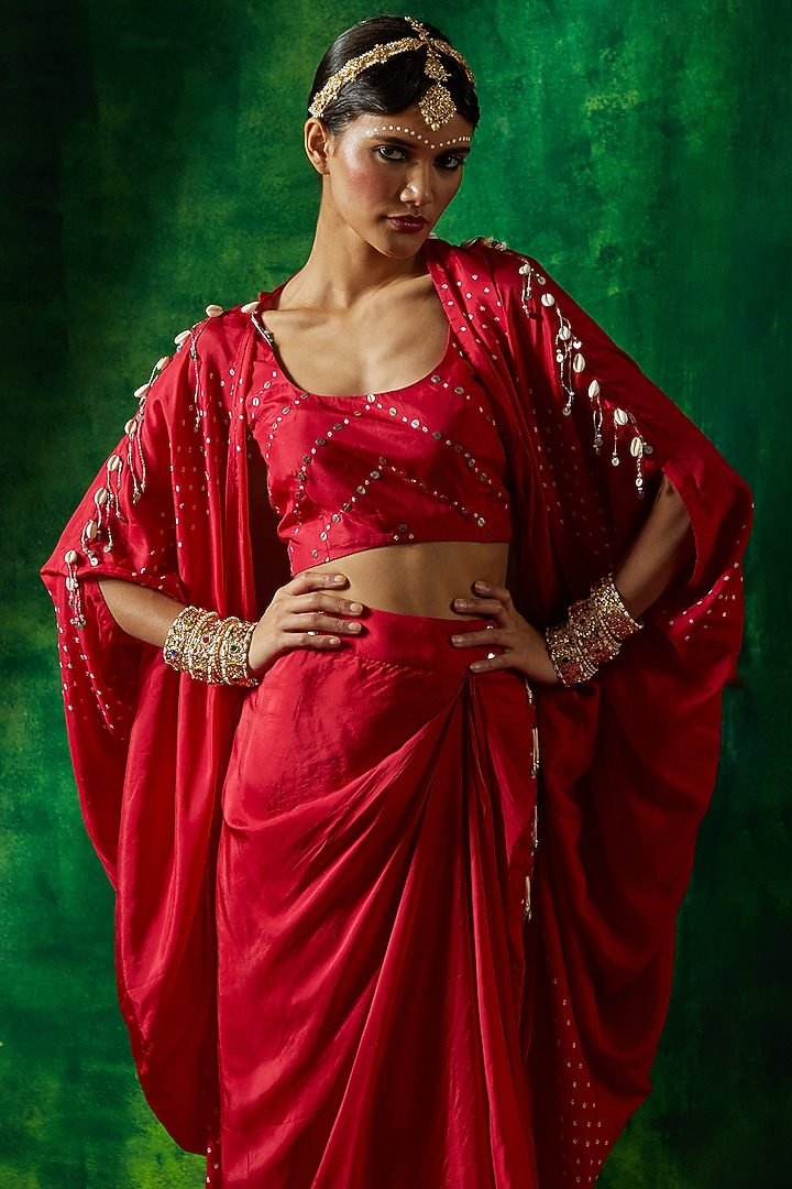 Red Silk Embroidered Cape Set by Pink City By Sarika at Pernia's Pop Up Shop