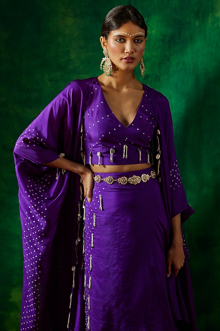 Purple Silk Embroidered Bandhani Cape Set by Pink City By Sarika at Pernia's Pop Up Shop
