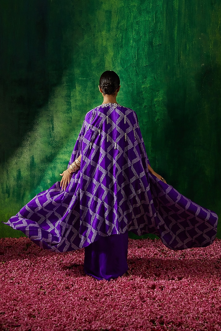 Purple Silk Hand Embroidered Bandhani Cape Set by Pink City By Sarika at Pernia's Pop Up Shop