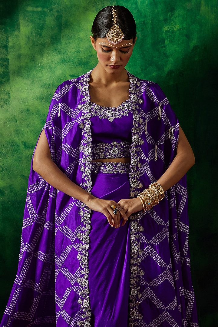 Purple Silk Hand Embroidered Bandhani Cape Set by Pink City By Sarika at Pernia's Pop Up Shop