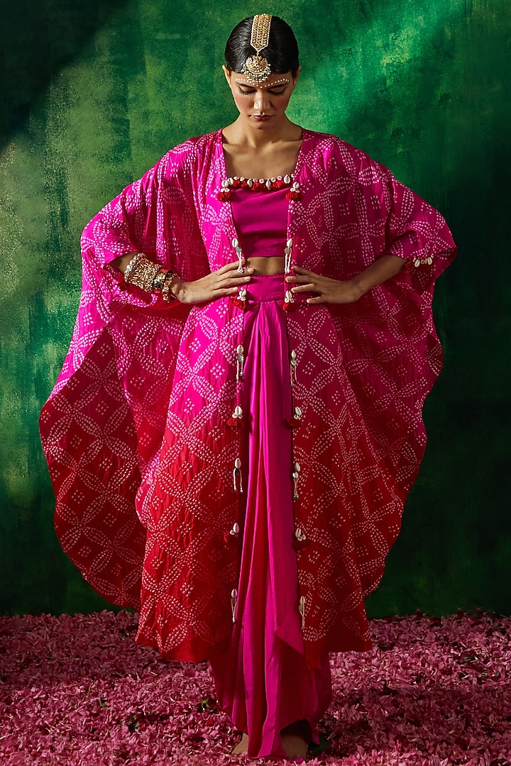 Rani Pink Silk Ombre Bandhani Cape Set by Pink City By Sarika