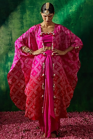 Rani Pink Silk Ombre Bandhani Cape Set by Pink City By Sarika