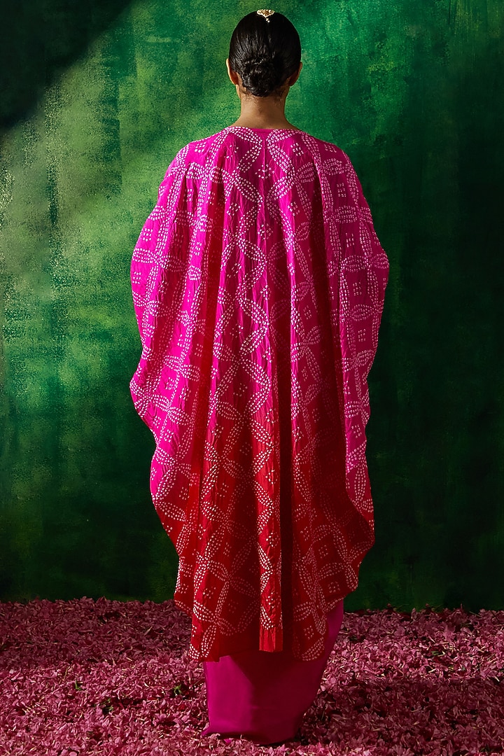 Rani Pink Silk Ombre Bandhani Cape Set by Pink City By Sarika at Pernia's Pop Up Shop