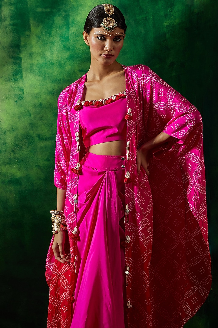 Rani Pink Silk Ombre Bandhani Cape Set by Pink City By Sarika at Pernia's Pop Up Shop