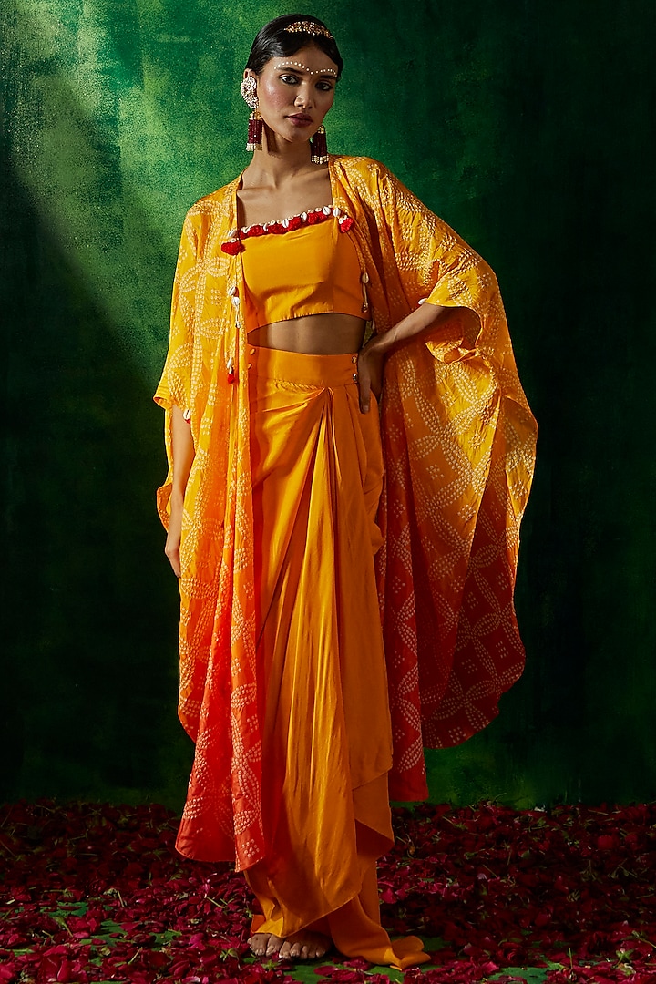 Yellow Silk Ombre Bandhani Cape Set by Pink City By Sarika