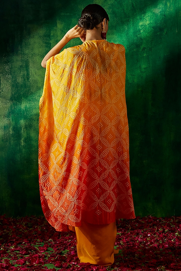 Yellow Silk Ombre Bandhani Cape Set by Pink City By Sarika at Pernia's Pop Up Shop