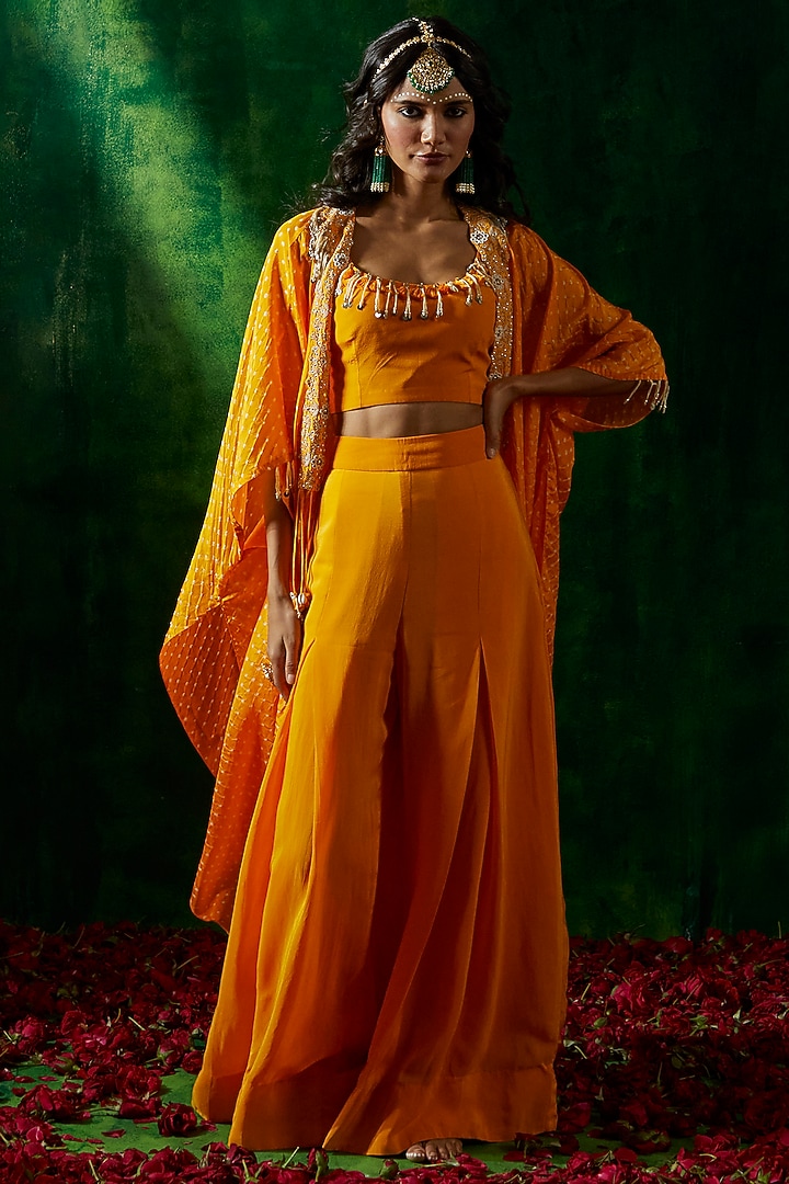 Kesar Yellow Silk Hand Embroidered Bandhani Cape Set by Pink City By Sarika at Pernia's Pop Up Shop