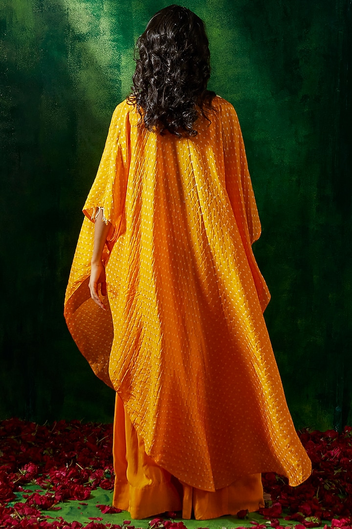 Kesar Yellow Silk Hand Embroidered Bandhani Cape Set by Pink City By Sarika at Pernia's Pop Up Shop
