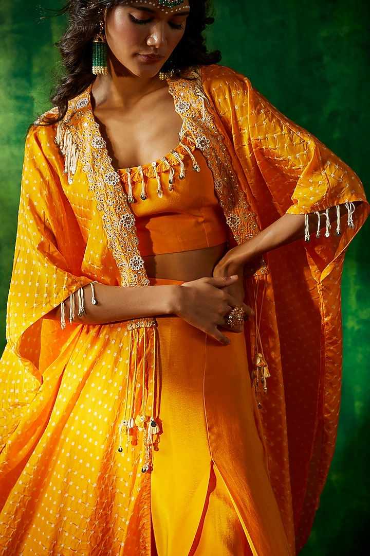 Kesar Yellow Silk Hand Embroidered Bandhani Cape Set by Pink City By Sarika at Pernia's Pop Up Shop