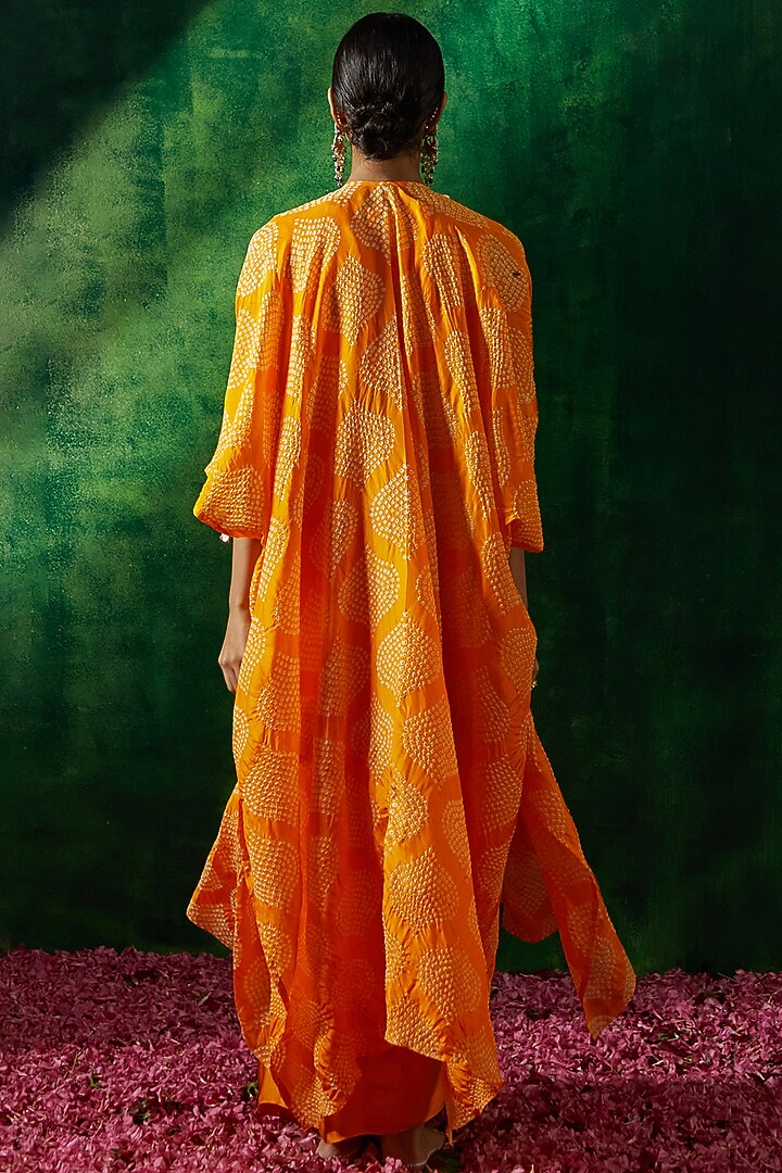 Kesar Yellow Silk Bandhani Hand Embroidered Cape Set by Pink City By Sarika at Pernia's Pop Up Shop