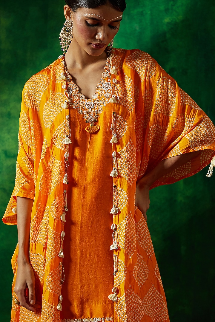 Kesar Yellow Silk Bandhani Hand Embroidered Cape Set by Pink City By Sarika at Pernia's Pop Up Shop