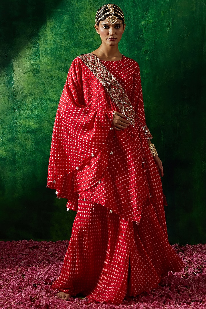 Red Silk Bandhani Sharara Set by Pink City By Sarika