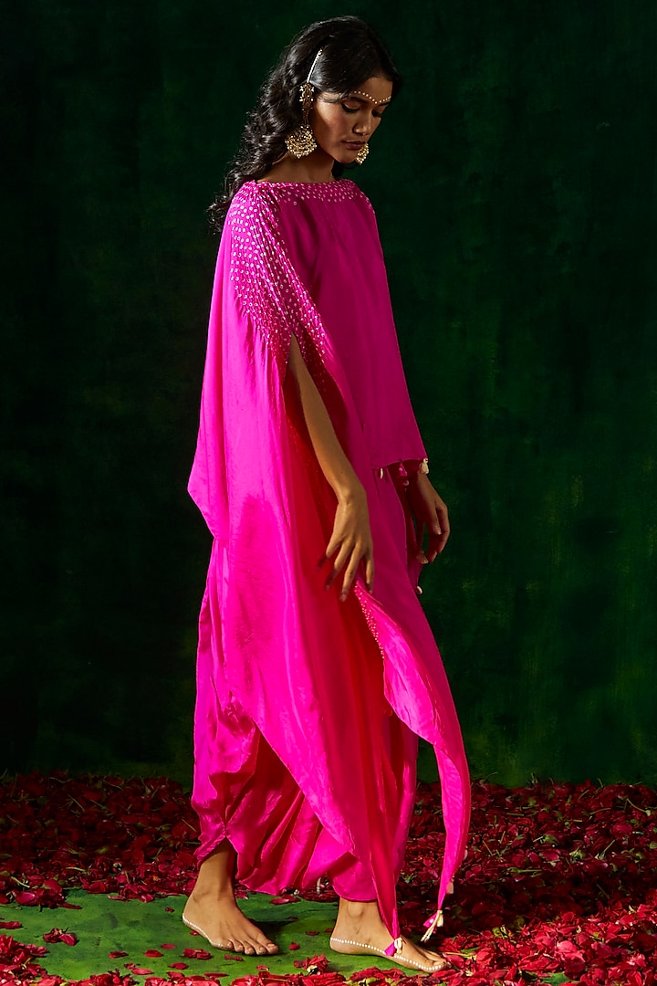 Hot Pink Silk Bandhani Cape Set Design by Pink City By Sarika at