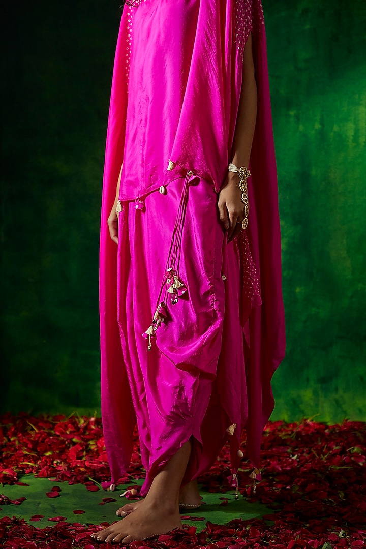 Hot Pink Silk Bandhani Cape Set by Pink City By Sarika at Pernia's Pop Up Shop