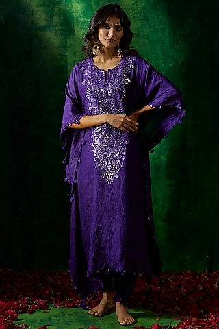 Purple Crushed Silk Kaftan Set by Pink City By Sarika at Pernia's Pop ...