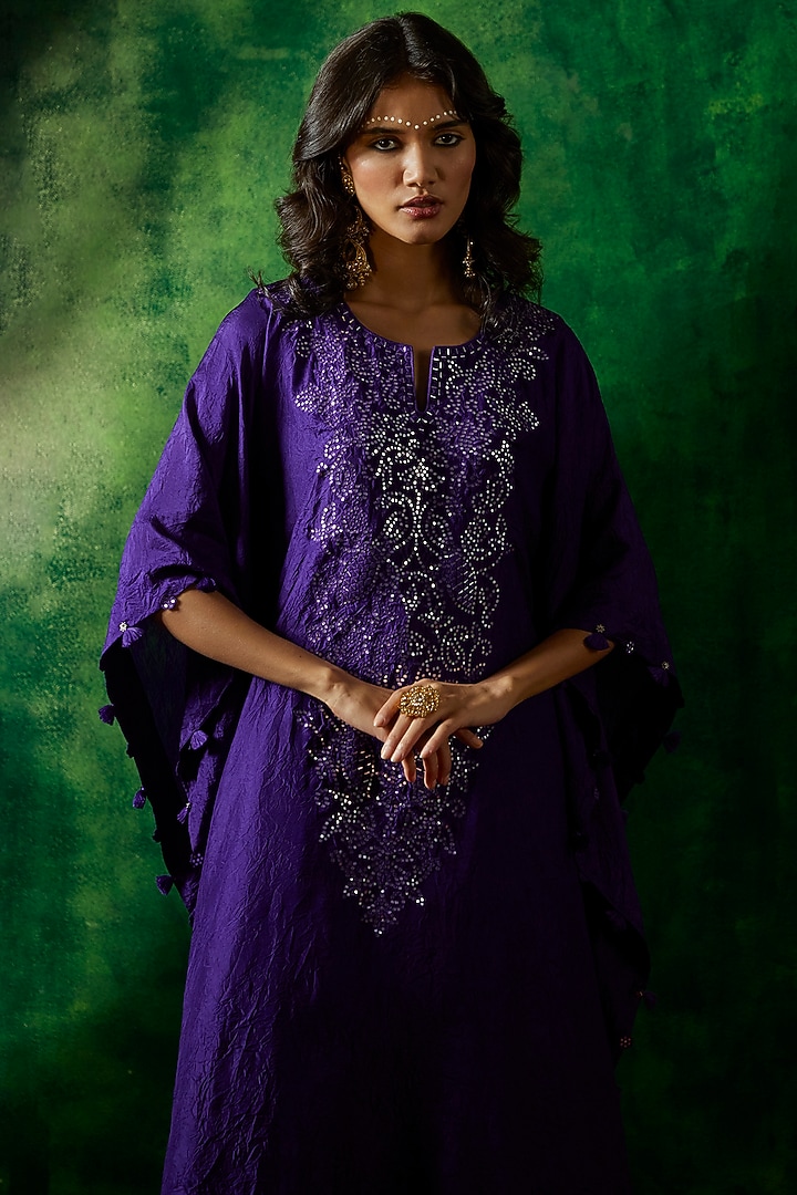 Purple Crushed Silk Kaftan Set by Pink City By Sarika at Pernia's Pop Up Shop