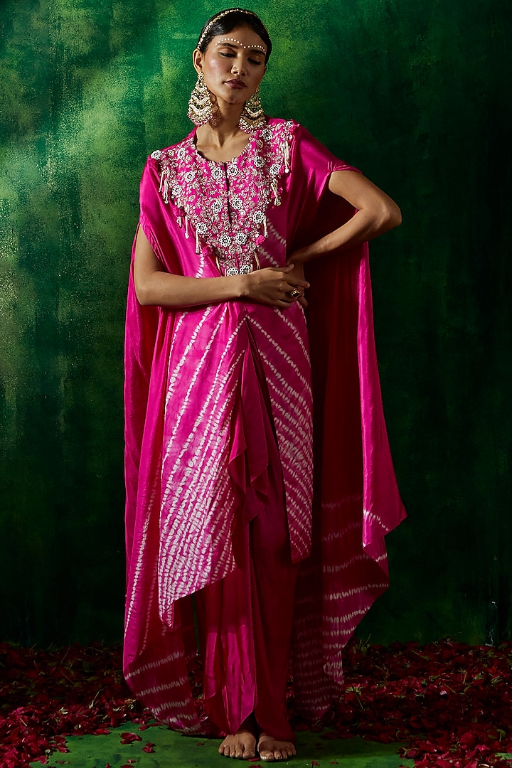 Pink Silk Embroidered Tie-Dye Cape Set by Pink City By Sarika