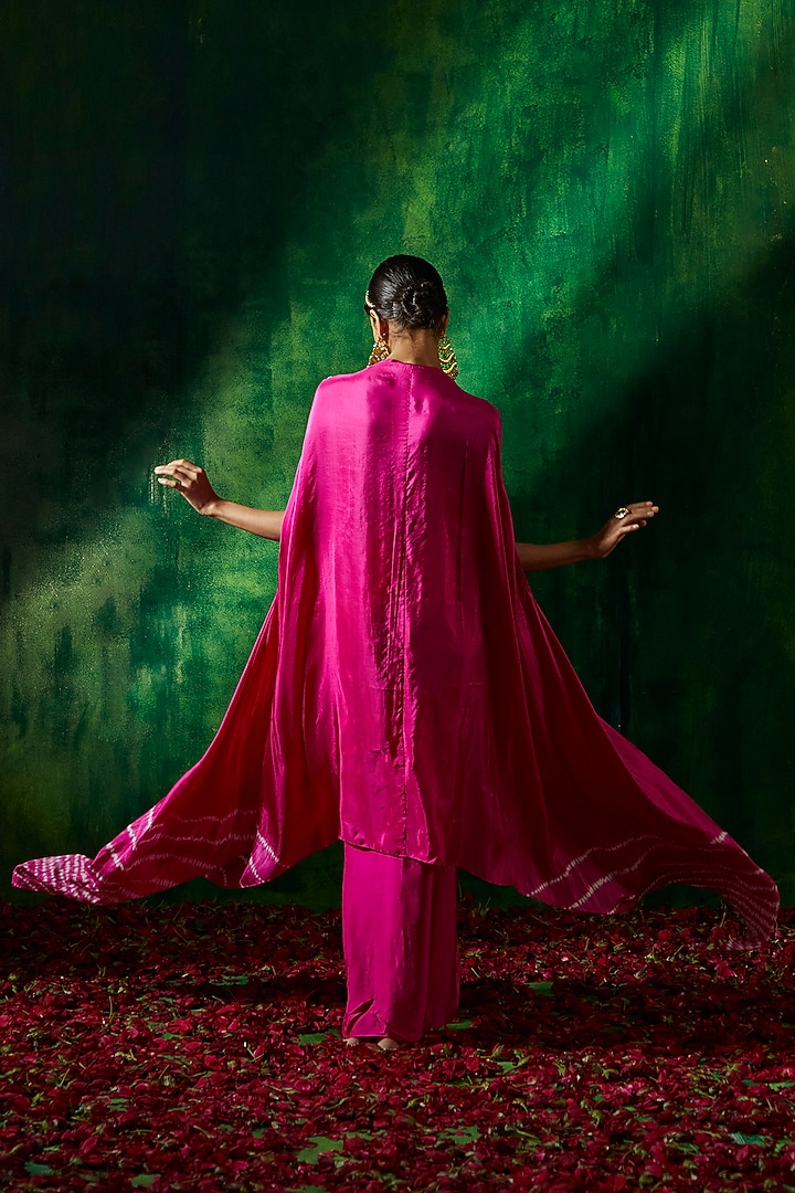 Pink Silk Embroidered Tie-Dye Cape Set by Pink City By Sarika at Pernia's Pop Up Shop
