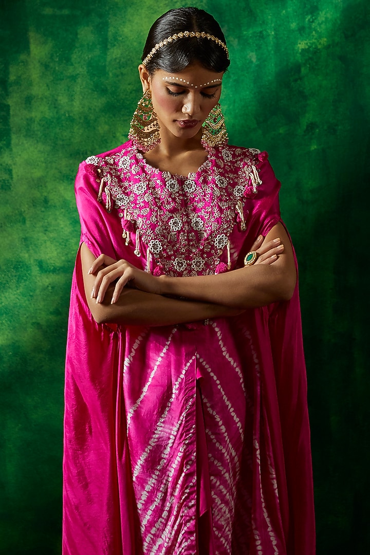 Pink Silk Embroidered Tie-Dye Cape Set by Pink City By Sarika at Pernia's Pop Up Shop
