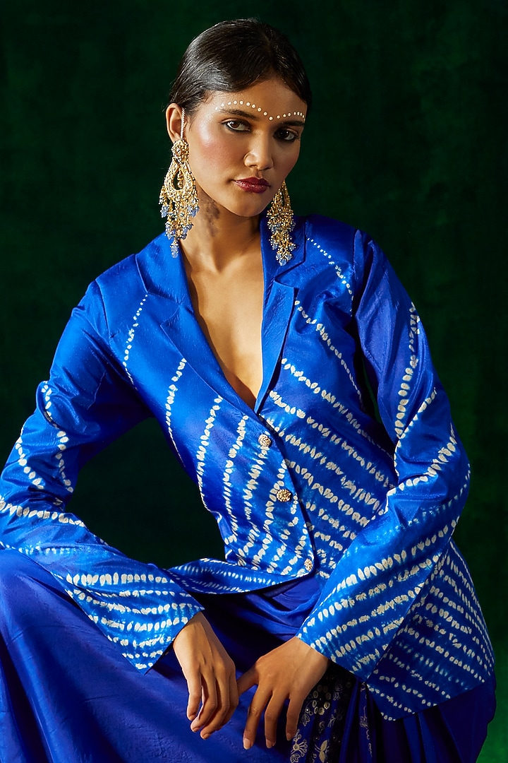 Electric Blue Silk Embroidered Draped Skirt Set by Pink City By Sarika at Pernia's Pop Up Shop
