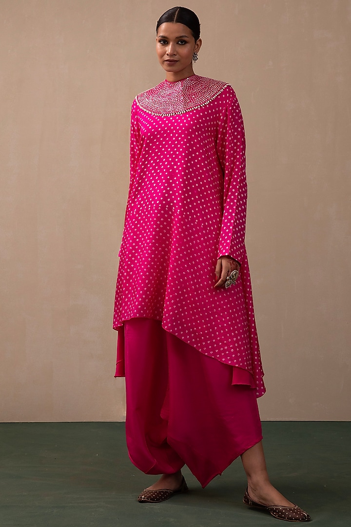 Hot Pink Silk Embroidered Bandhani Kurta Set by Pink City By Sarika