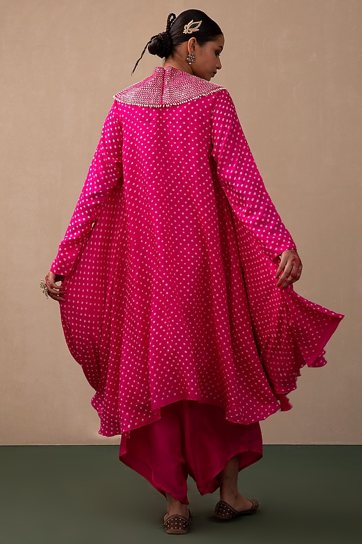 Hot Pink Silk Embroidered Bandhani Kurta Set by Pink City By Sarika at Pernia's Pop Up Shop