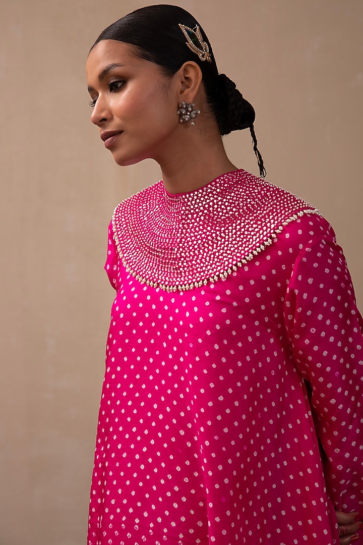 Hot Pink Silk Embroidered Bandhani Kurta Set by Pink City By Sarika at Pernia's Pop Up Shop