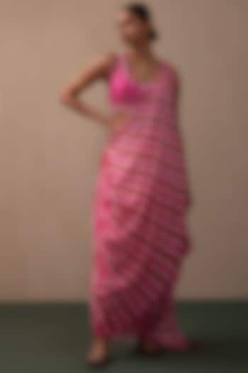 Hot Pink Silk Leheriya Pre-Stitched Saree Set by Pink City By Sarika