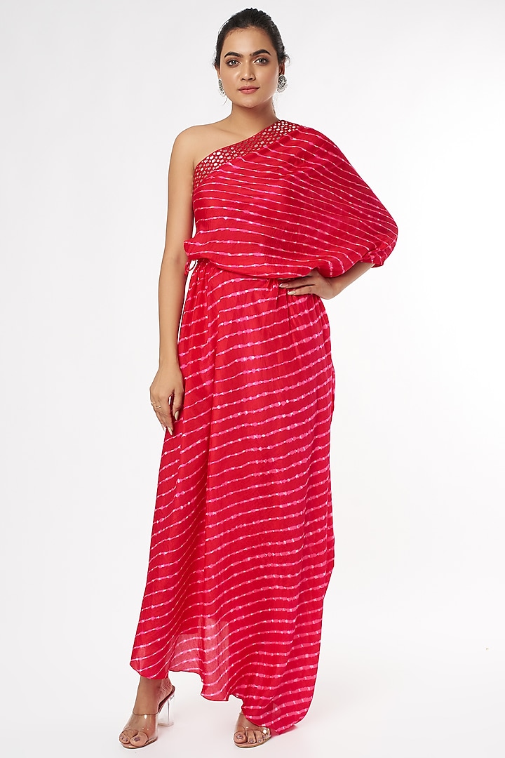 Red One-Shoulder Leheriya Dress by Pink City By Sarika