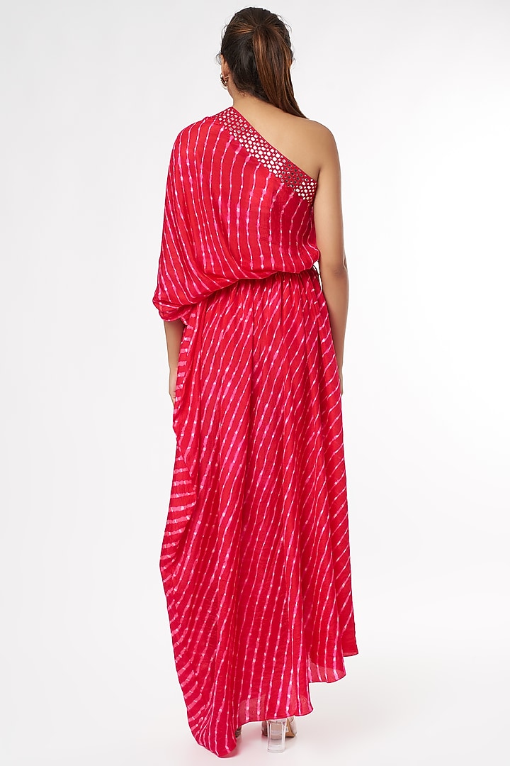 Red One-Shoulder Leheriya Vacation Dress by Pink City By Sarika at Pernia's Pop Up Shop