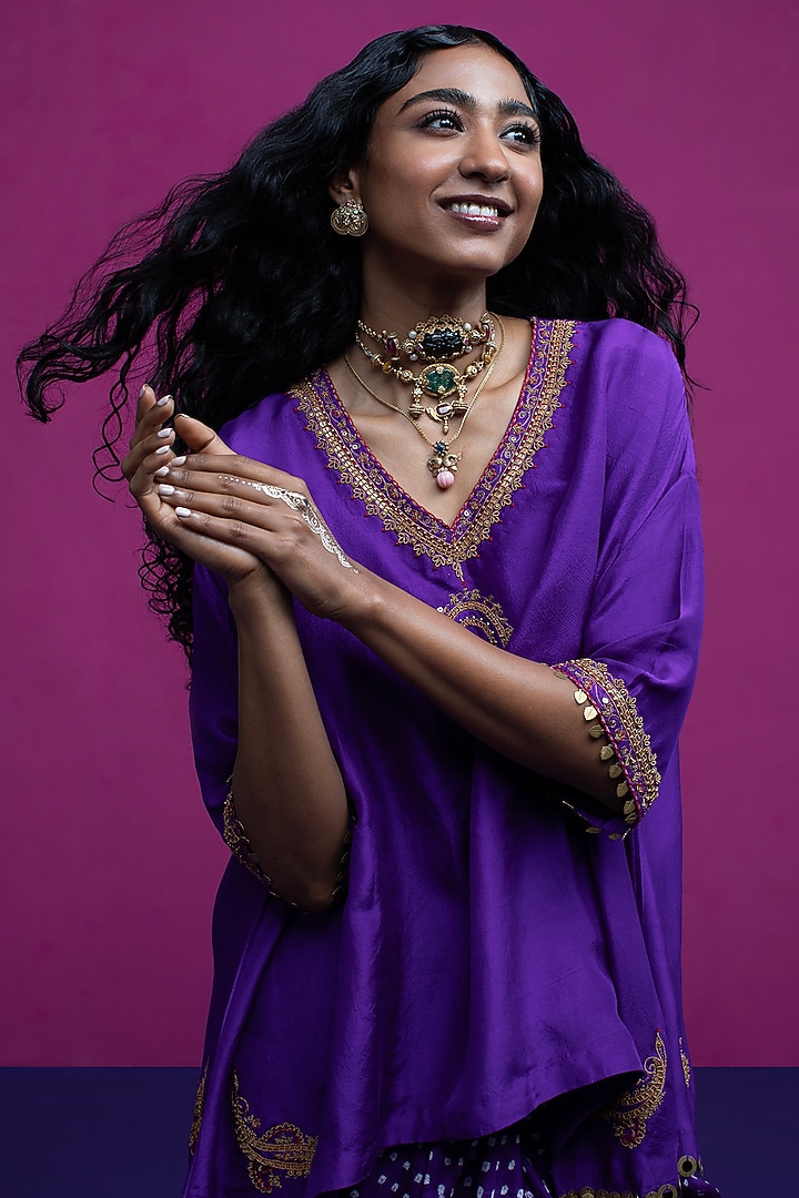 Purple Silk Paisley Embroidered Co-Ord Set by Pink City By Sarika at Pernia's Pop Up Shop