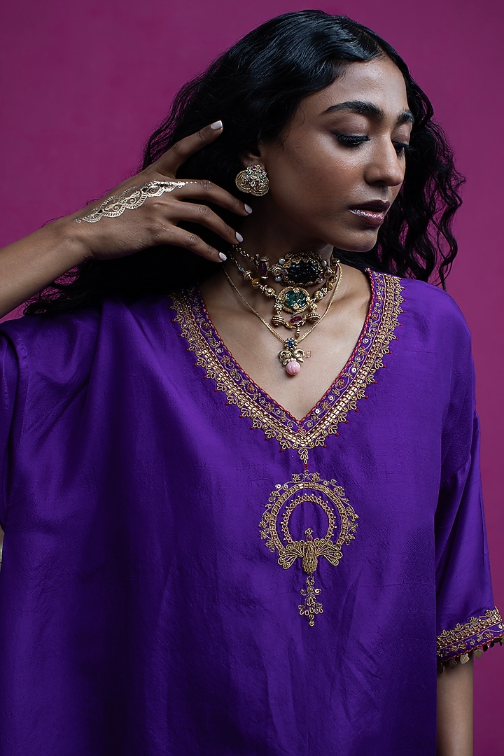 Purple Silk Paisley Embroidered Co-Ord Set by Pink City By Sarika at Pernia's Pop Up Shop