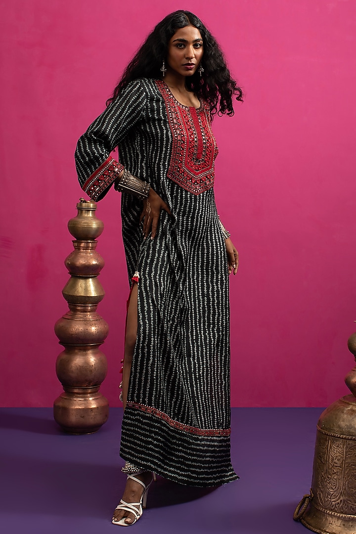 Black Silk Mirror Embroidered Bandhani Kaftan Dress by Pink City By Sarika at Pernia's Pop Up Shop