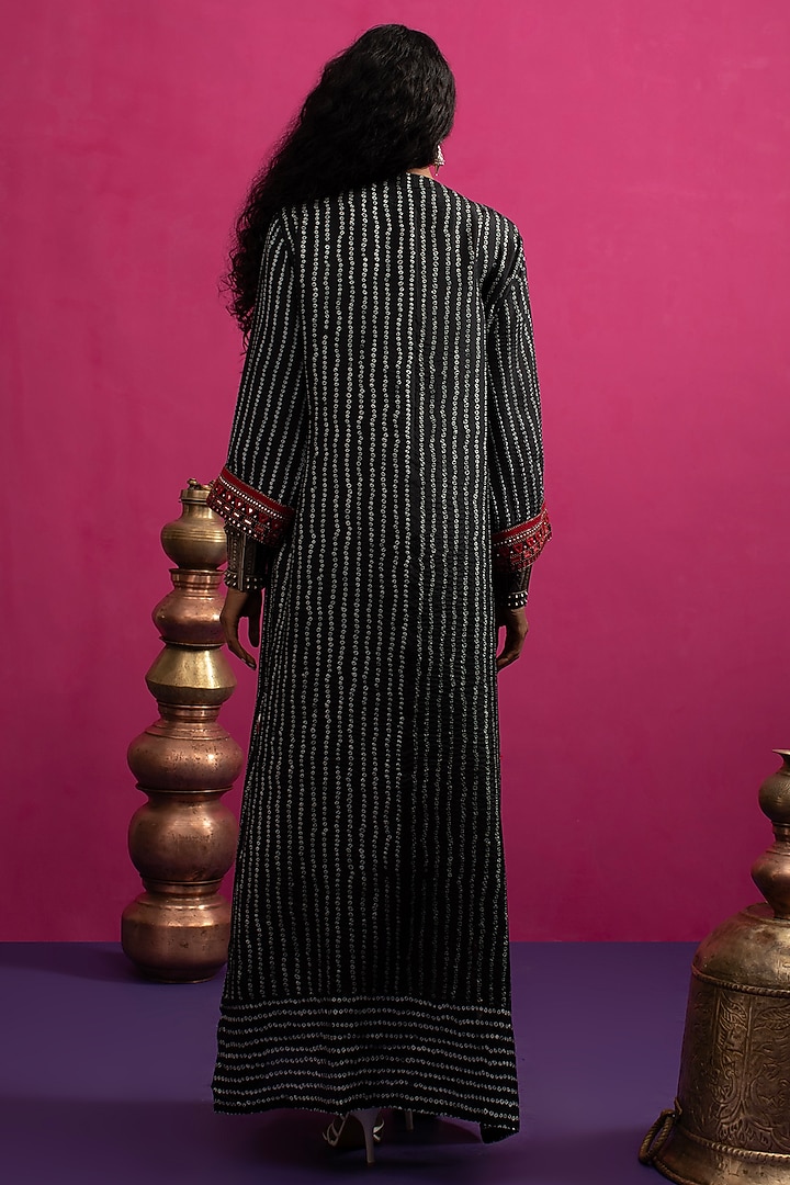 Black Silk Mirror Embroidered Bandhani Kaftan Dress by Pink City By Sarika at Pernia's Pop Up Shop