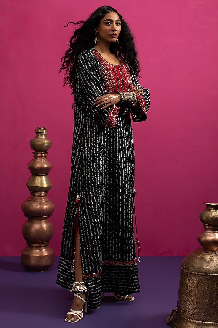 Black Silk Mirror Embroidered Bandhani Kaftan Dress by Pink City By Sarika at Pernia's Pop Up Shop