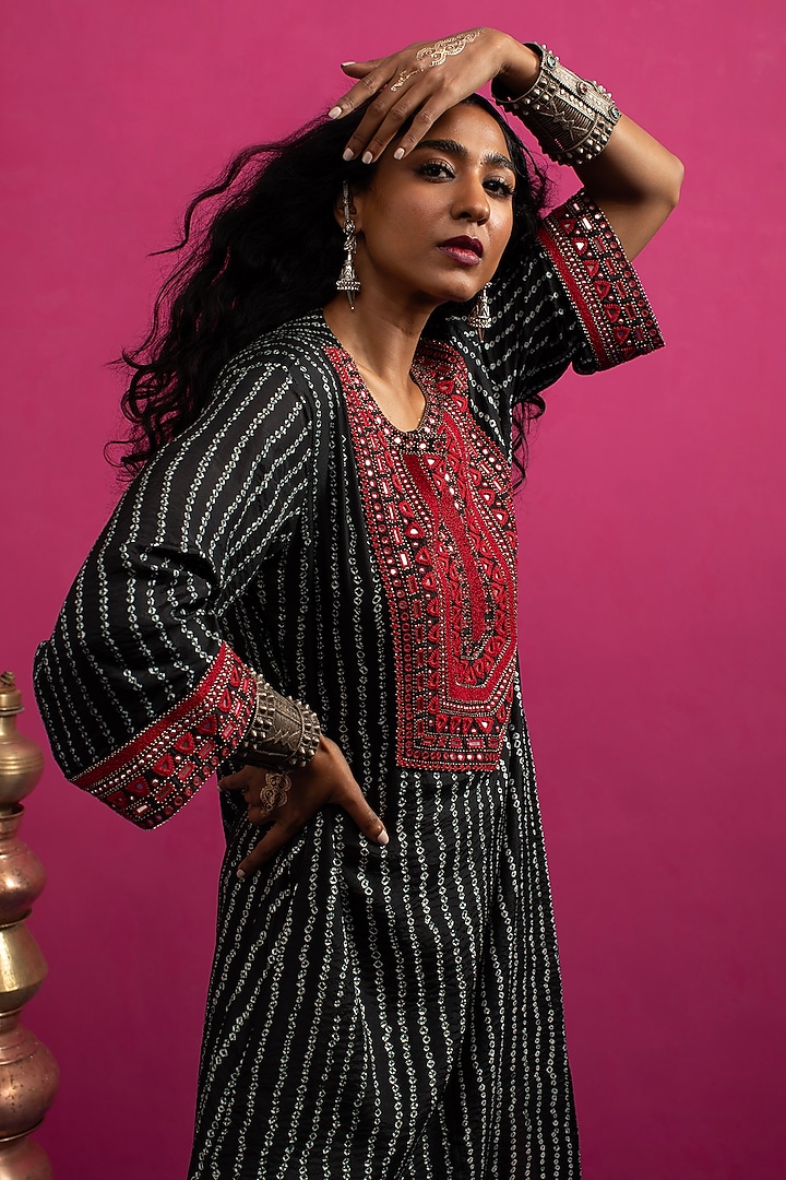 Black Silk Mirror Embroidered Bandhani Kaftan Dress by Pink City By Sarika at Pernia's Pop Up Shop